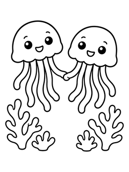 A sweet jellyfish coloring page featuring two smiling jellyfish holding tentacles above coral.