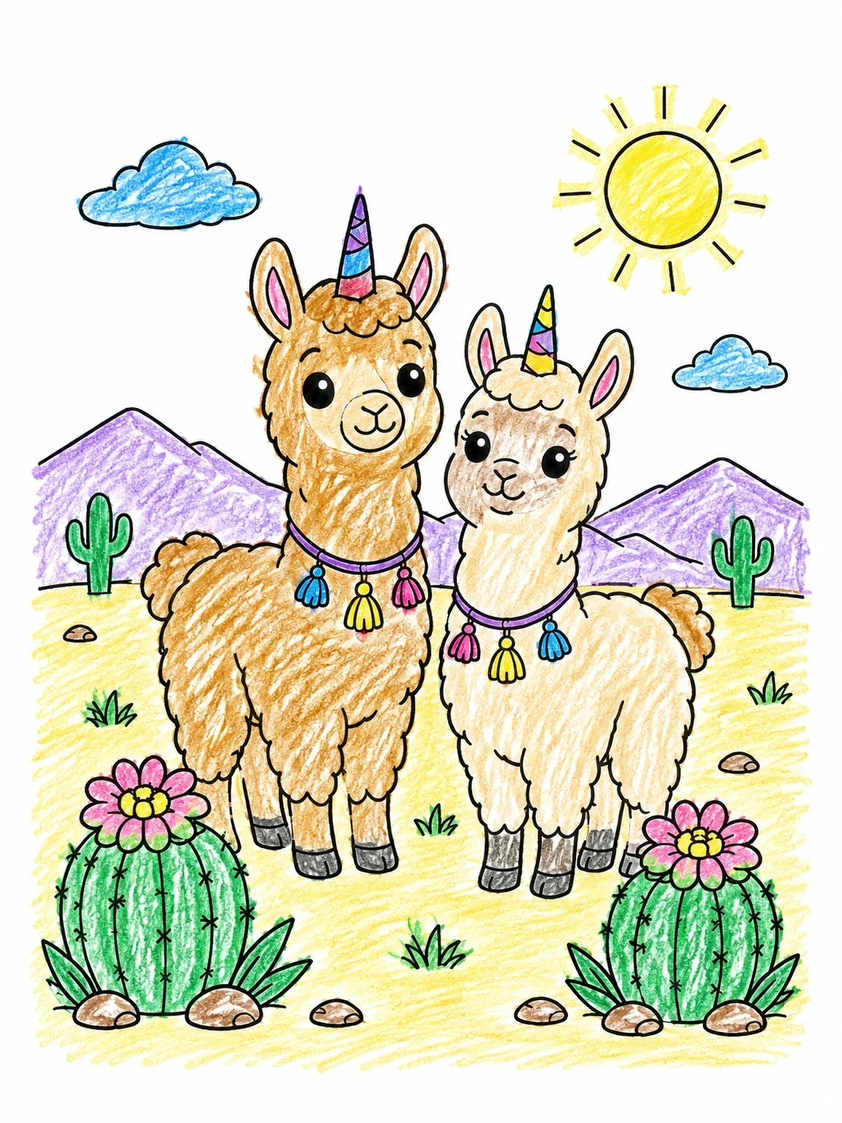 Colored example of the Two Cute Llamacorns In The Desert coloring page