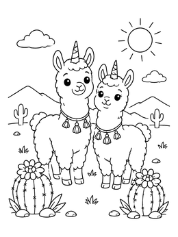 Free printable Two Cute Llamacorns In The Desert coloring page
