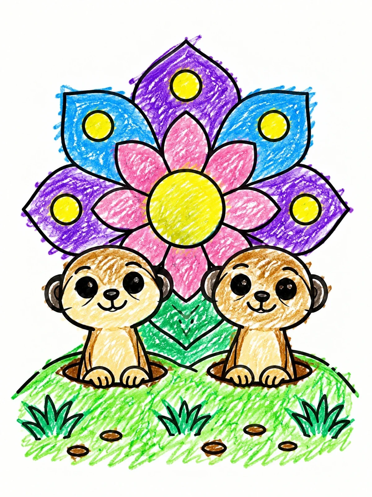 Colored example of the Two Cute Meerkats And Flower coloring page