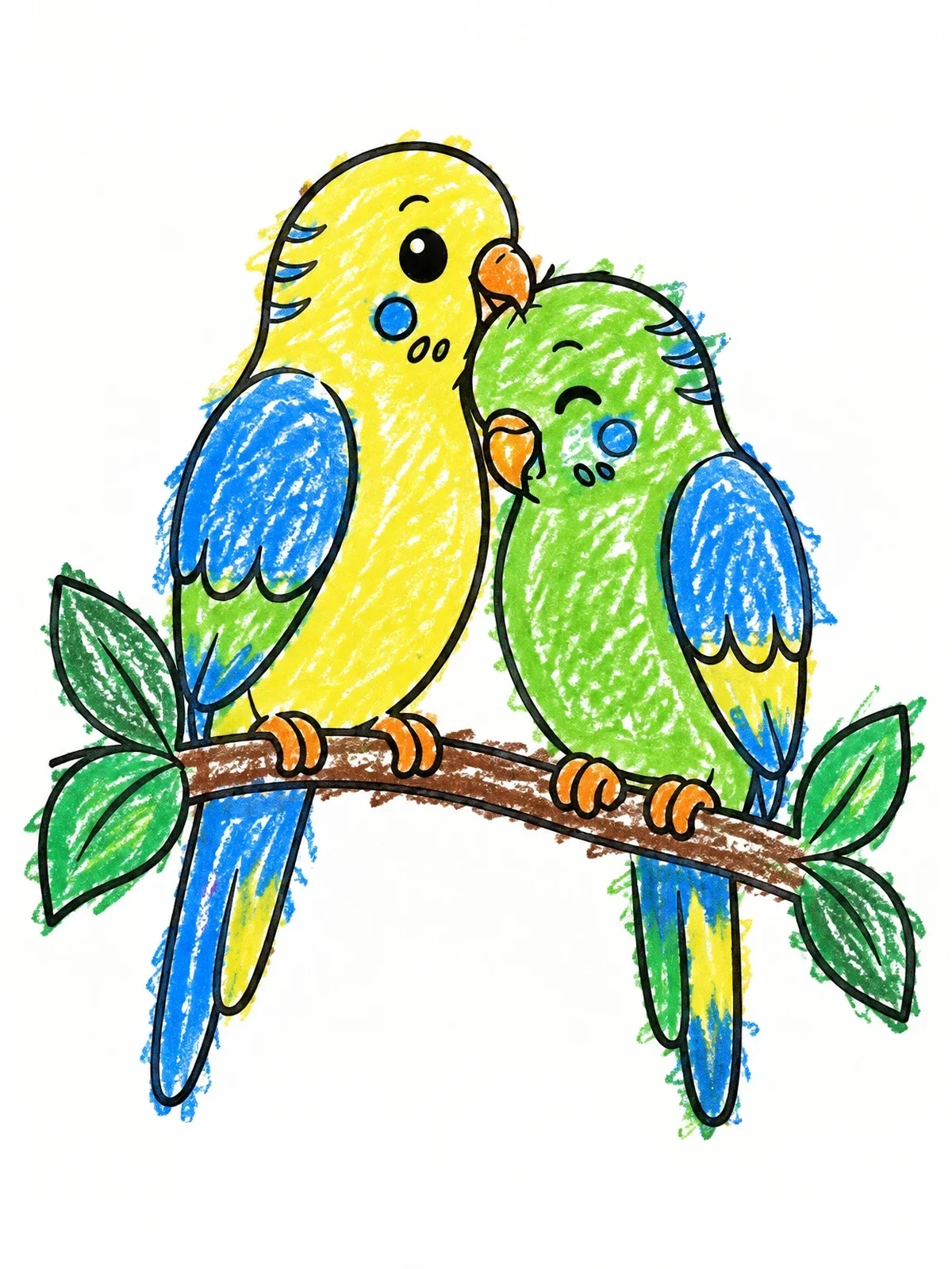 Colored example of the Two Cute Parakeets On Branch coloring page