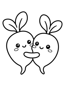 Free printable Two Cute Radishes Hugging coloring page