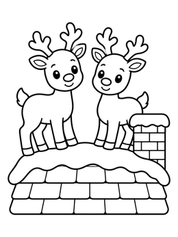 A sweet reindeer coloring page with two smiling deer standing on a snowy rooftop beside a chimney.