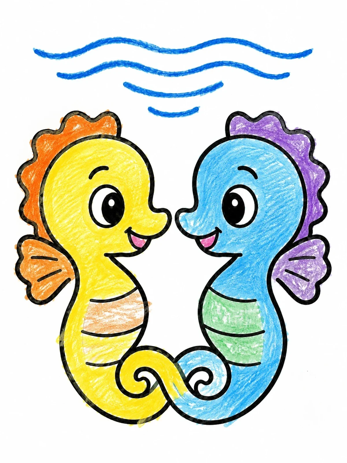 Colored example of the Two Cute Seahorses Linking Tails coloring page