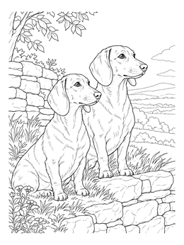 A dachshund coloring page with two realistic dogs sitting by a rustic stone wall in the countryside.