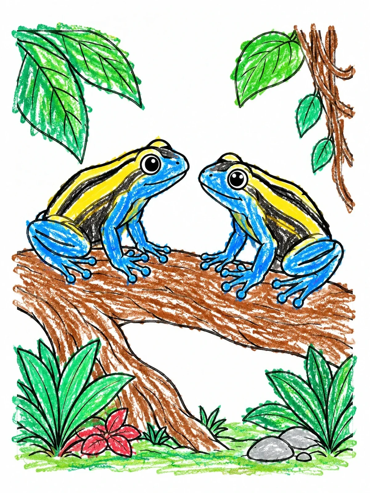 Colored example of the Two Dart Frogs On Rainforest Branch coloring page