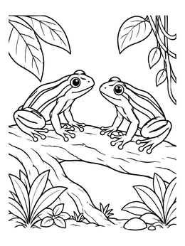 A friendly frog coloring page featuring two striped frogs sitting on a tree branch in the jungle.