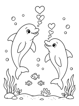 A cheerful dolphin coloring page with two dolphins blowing heart bubbles underwater.