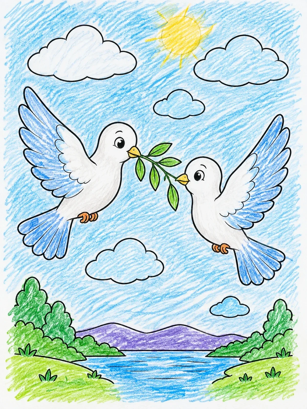 Colored example of the Two Doves With Olive Branch coloring page
