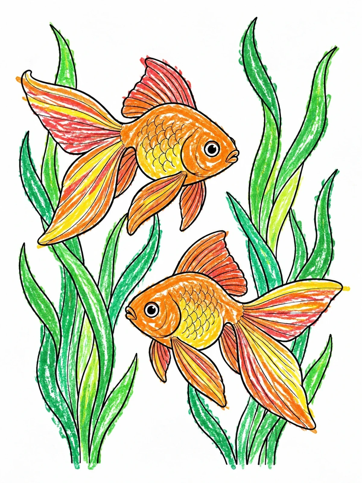 Colored example of the Two Fantail Goldfish Among Seaweed coloring page