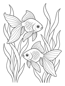 A peaceful goldfish coloring page showing two fantail fish swimming through tall underwater plants.