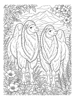 Two woolly camels stand among flowers in this detailed camel coloring page.