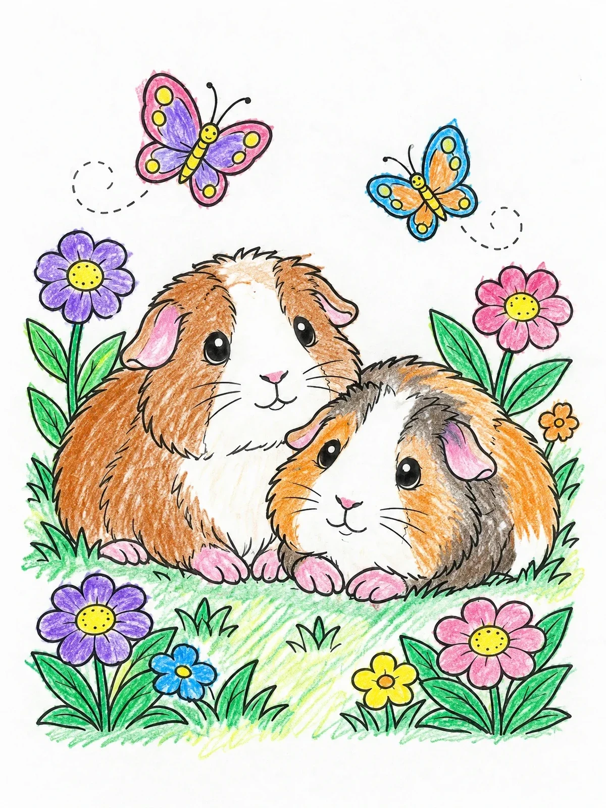Colored example of the Two Fluffy Guinea Pigs In The Garden coloring page