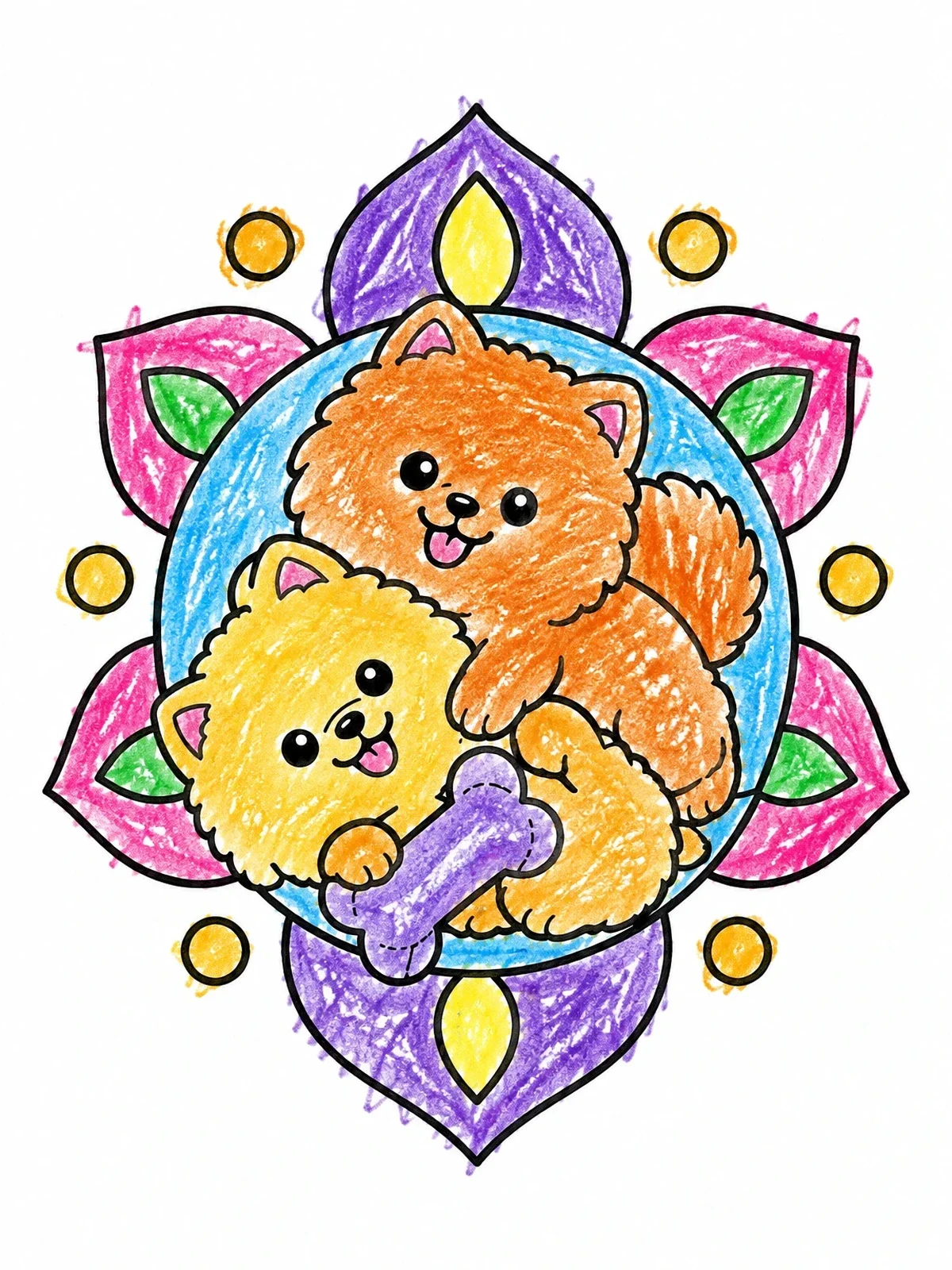 Colored example of the Two Fluffy Pomeranians With Plush Bone coloring page