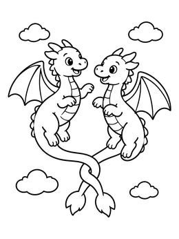 Two cute baby dragons flying in the sky on this dragon coloring page.