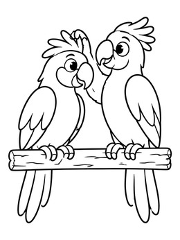 Two cartoon parrots sit together in this parrot coloring page.
