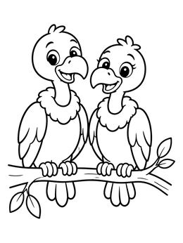 Two smiling cartoon birds perch together in this vulture coloring page.