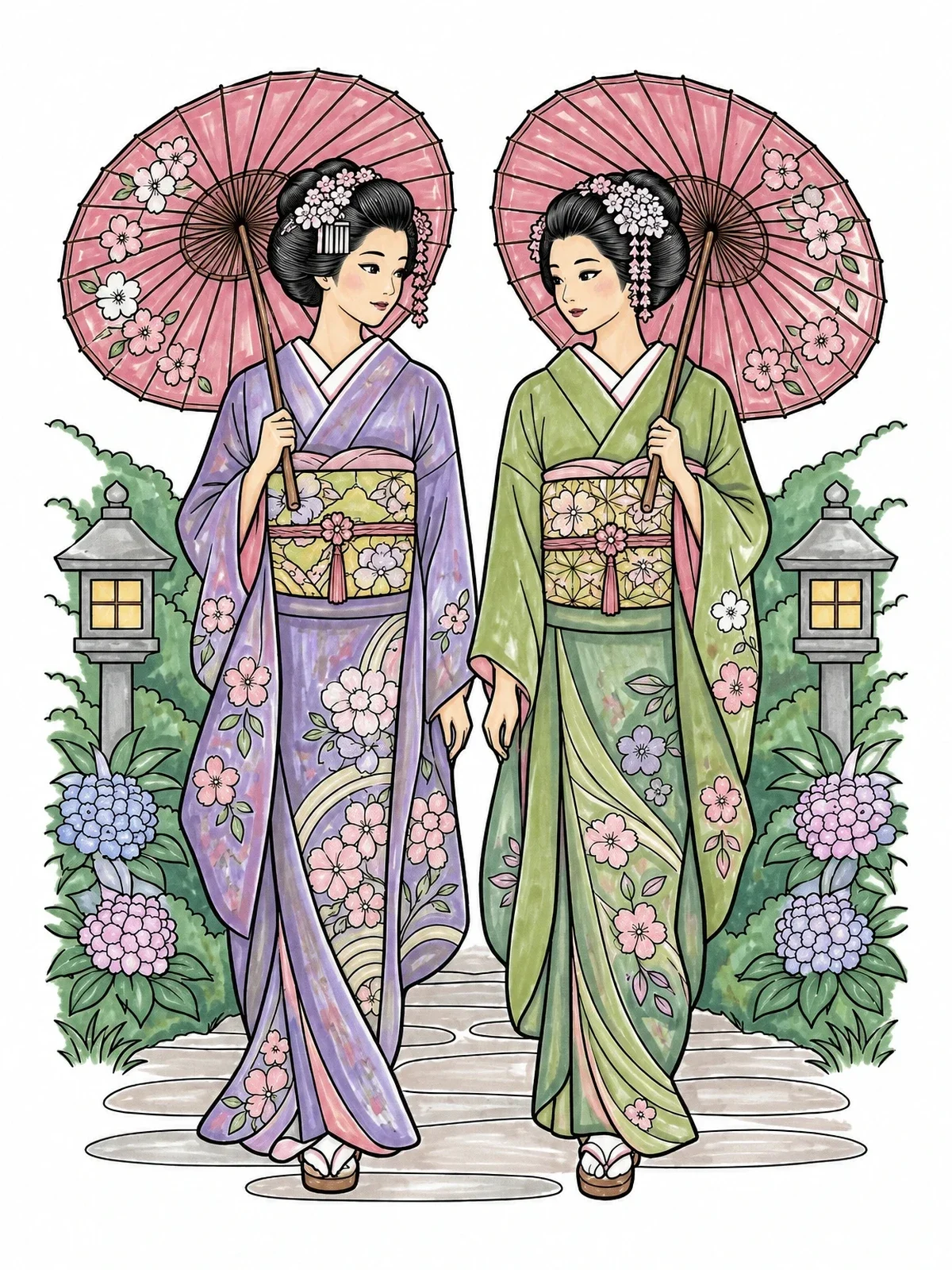 Colored example of the Two Geishas With Parasols In Garden coloring page