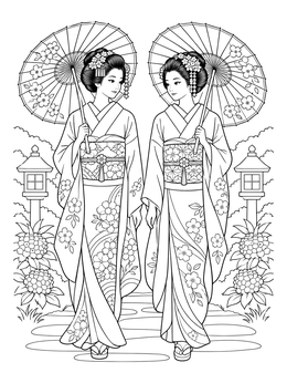 Two elegant women walk outdoors in this detailed geisha coloring page.