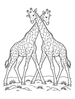 A detailed giraffe coloring page showing two giraffes crossing necks on the savanna.
