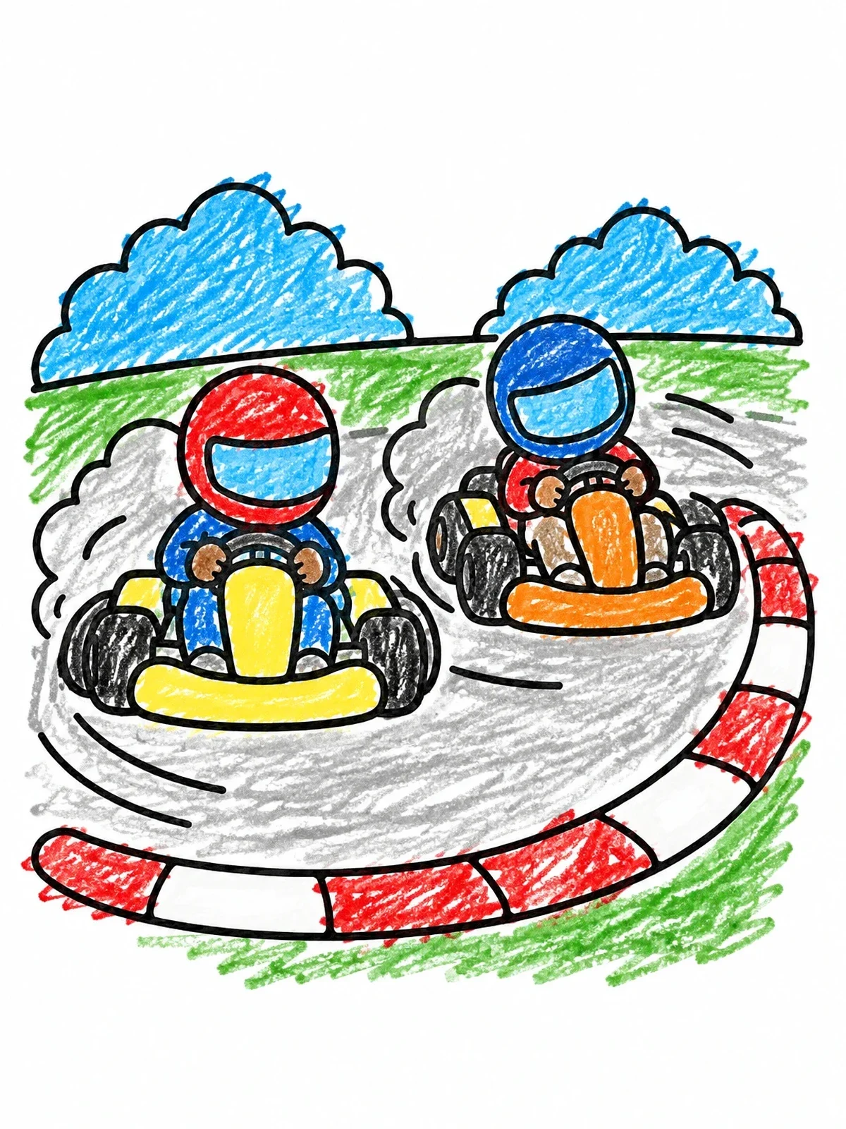 Colored example of the Two Go Karts Racing Around A Bend coloring page