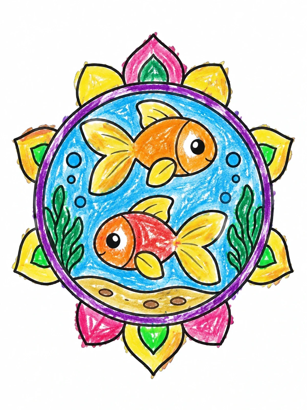 Colored example of the Two Cute Goldfish In Floral Frame coloring page