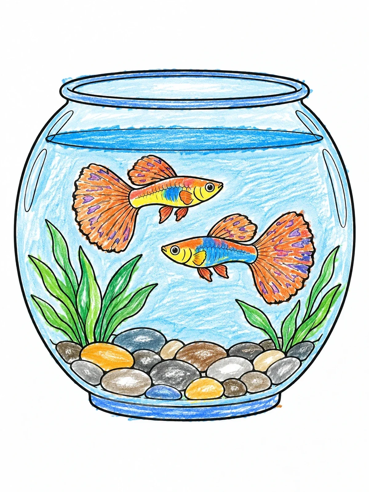 Colored example of the Two Guppies In A Fishbowl coloring page