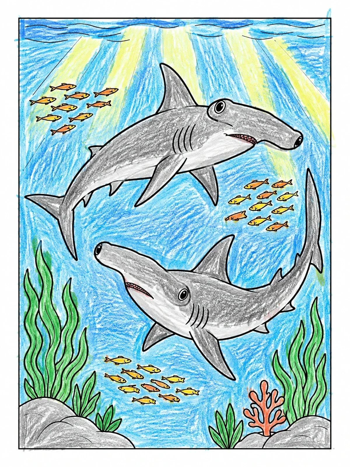 Colored example of the Hammerhead Sharks Underwater coloring page