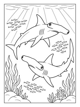 Two sharks swim near coral in this hammerhead shark coloring page.