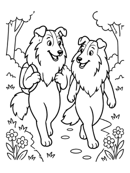 Two happy collies walking along an outdoor path in this collie coloring page.