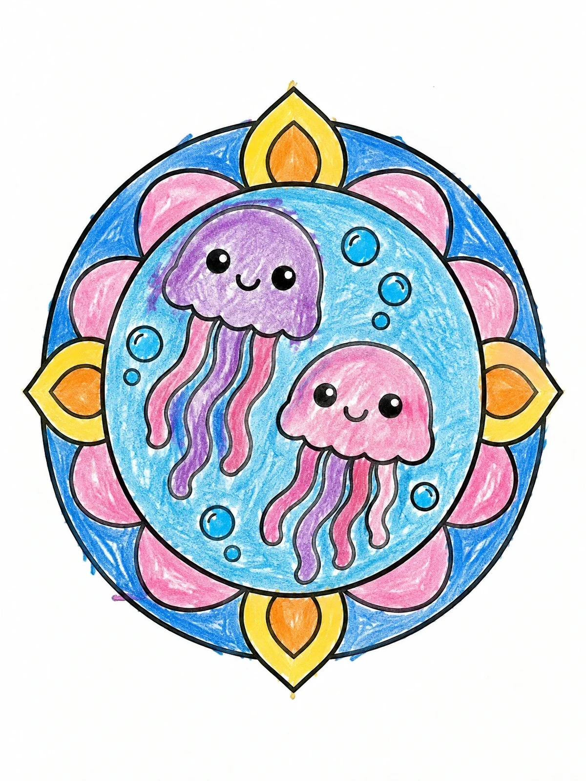Colored example of the Two Happy Jellyfish In A Floral Mandala coloring page