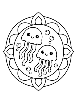 Free printable Two Happy Jellyfish In A Floral Mandala coloring page