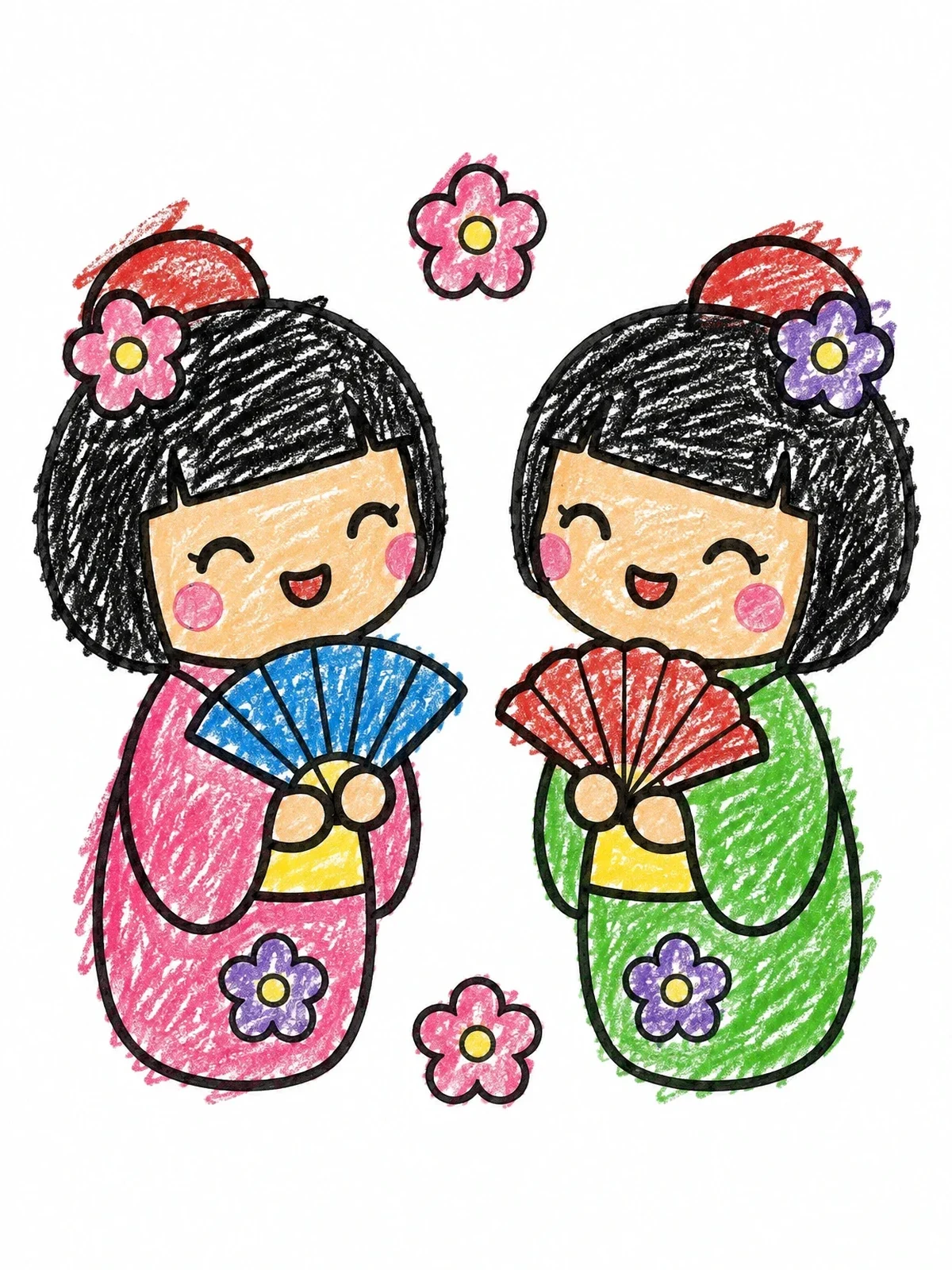 Colored example of the Two Happy Kokeshi Dolls With Fans coloring page
