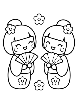 Free printable Two Happy Kokeshi Dolls With Fans coloring page