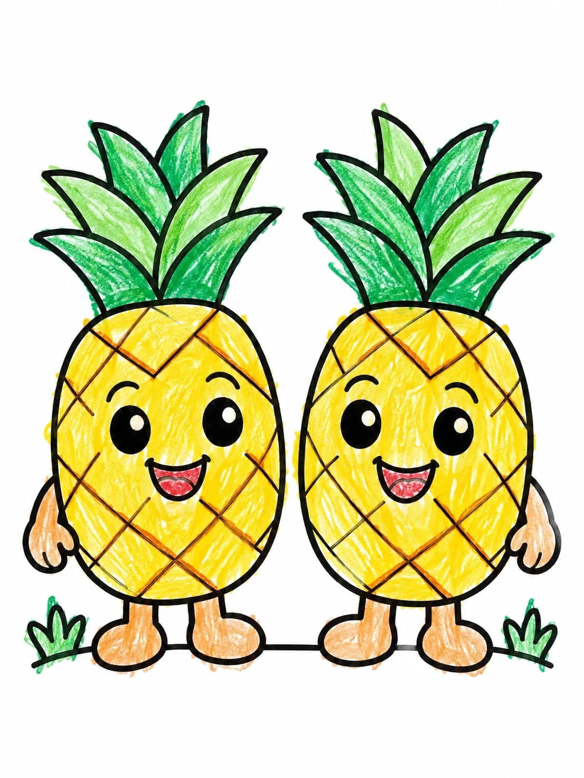 Colored example of the Two Happy Pineapples Standing Together coloring page