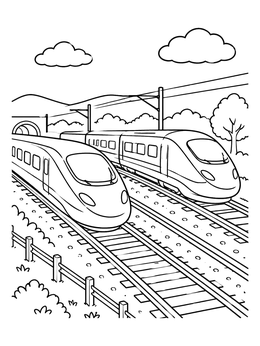 A fun train coloring page featuring two modern high-speed trains speeding down parallel tracks.
