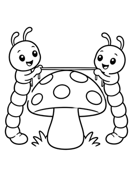 Two happy caterpillars measure a spotted mushroom cap in this inchworm coloring page.