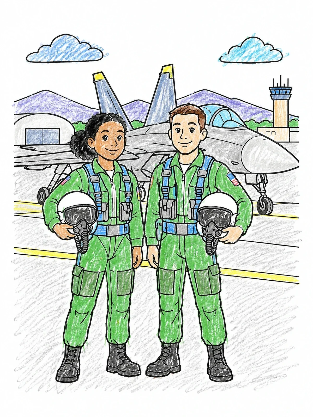 Colored example of the Jet Pilots On The Runway coloring page