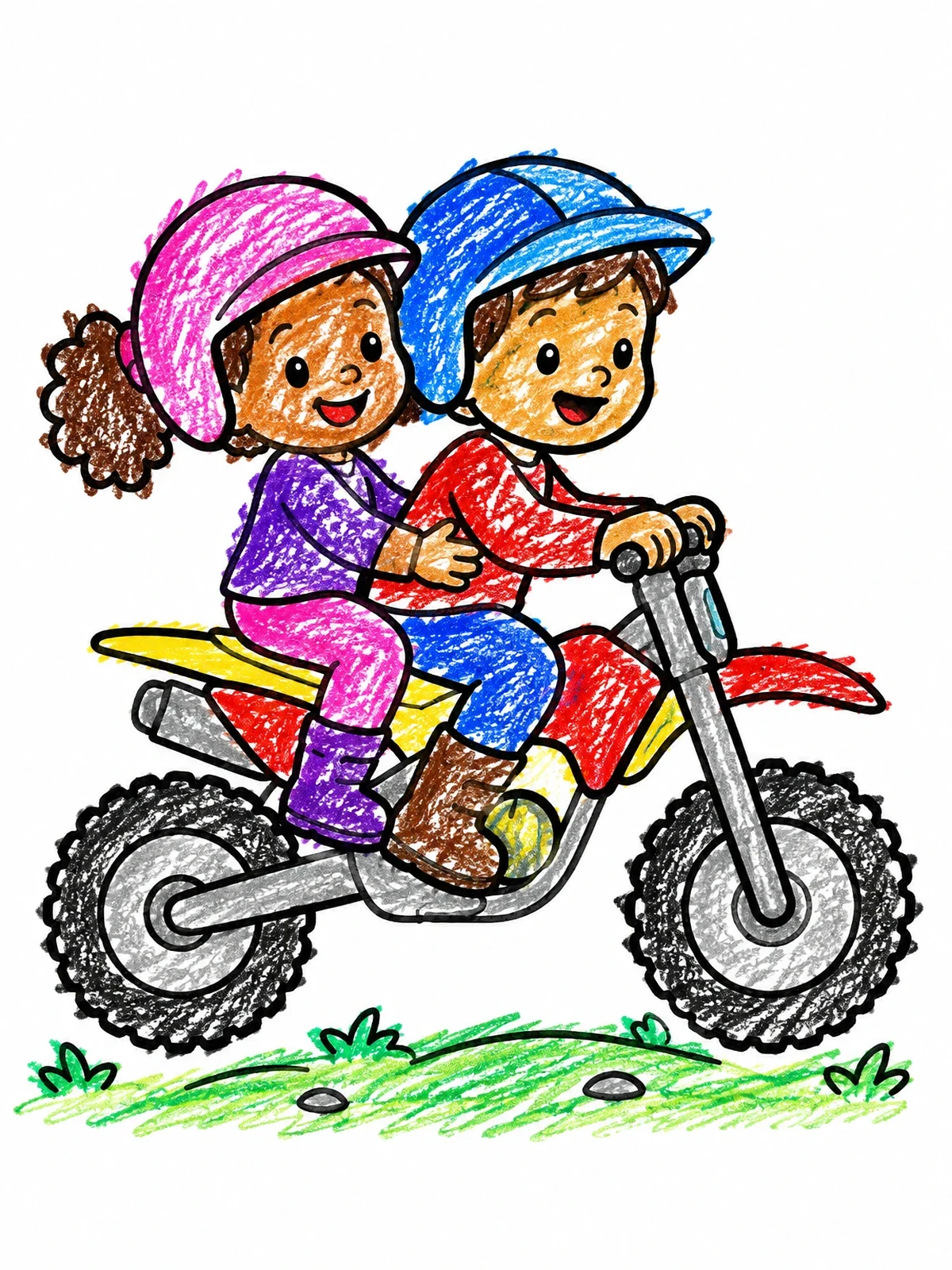 Colored example of the Two Kids Riding A Dirt Bike coloring page