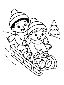 Free printable Two Kids Sledding Downhill coloring page