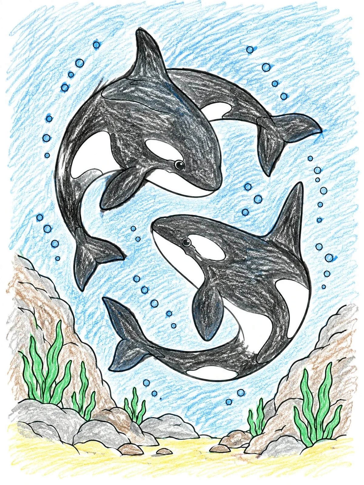 Colored example of the Two Killer Whales Swimming In Circles coloring page