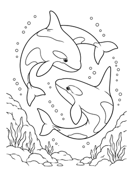 A playful killer whale coloring page showing two orcas circling each other above a reef.