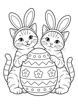 Two smiling kittens in bunny ears hold a patterned egg in this easter cat coloring page.