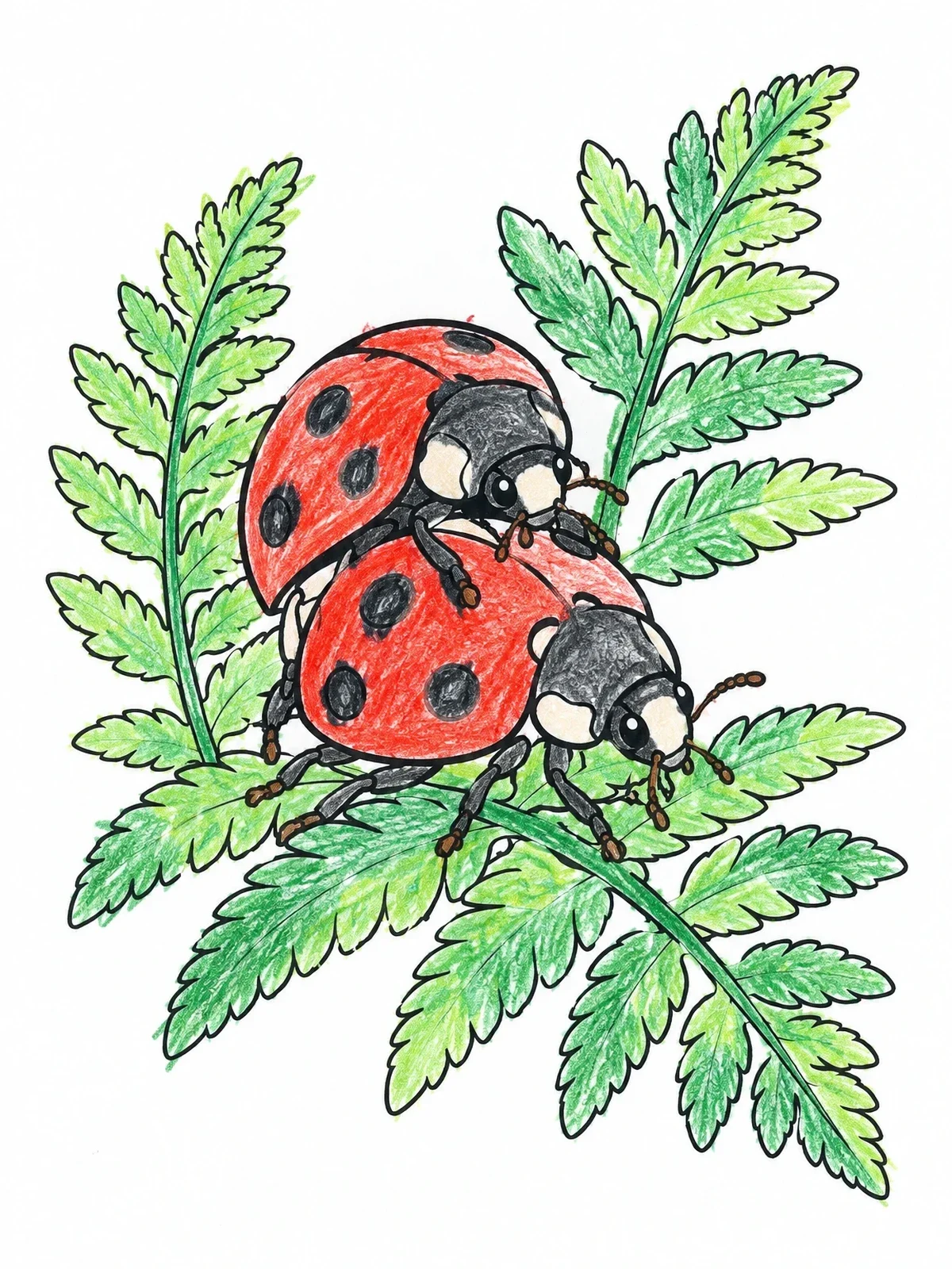 Colored example of the Two Ladybugs On Fern Leaves coloring page