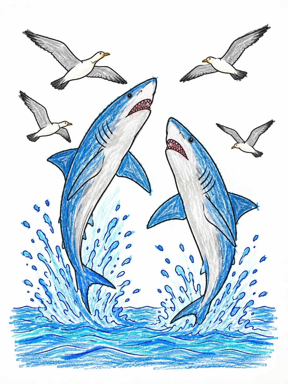 Colored example of the Two Leaping Mako Sharks With Seabirds coloring page
