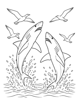 Free printable Two Leaping Mako Sharks With Seabirds coloring page