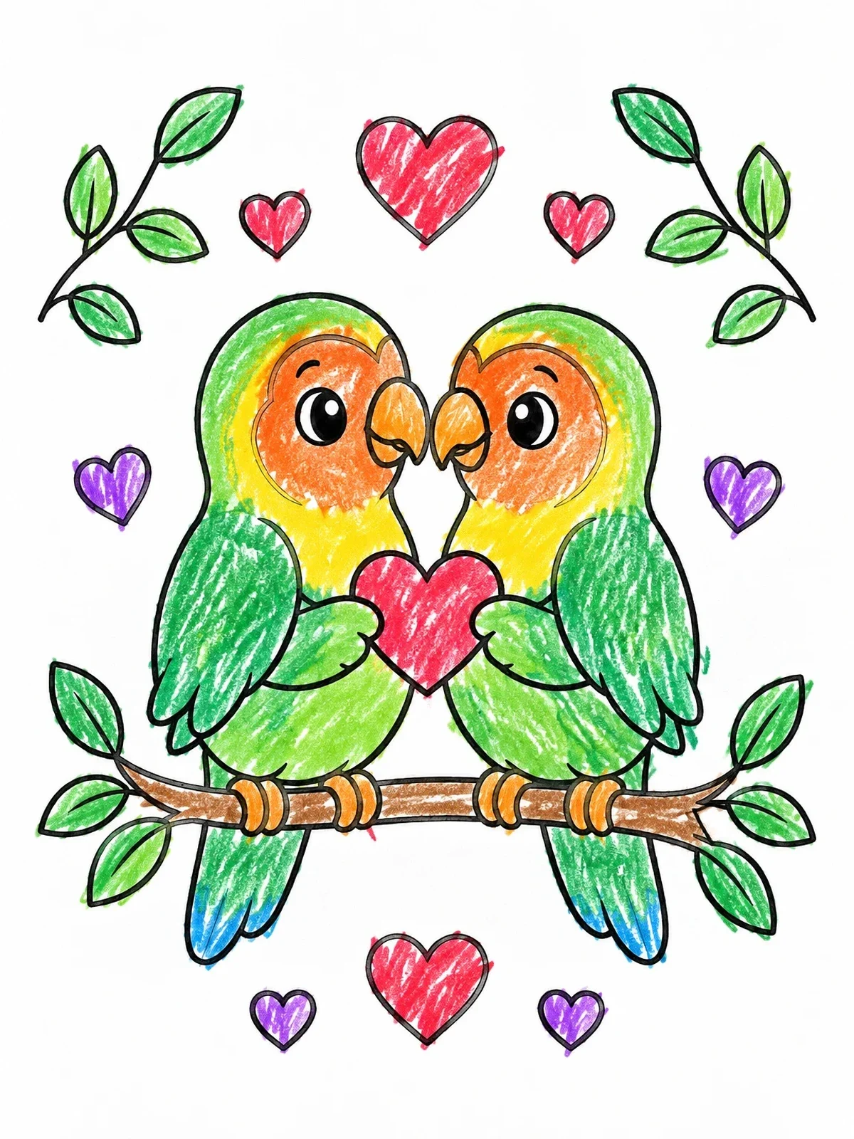 Colored example of the Two Lovebirds Holding A Heart coloring page