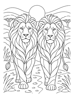 A lion coloring page showing two majestic male lions walking side by side under the African sun.