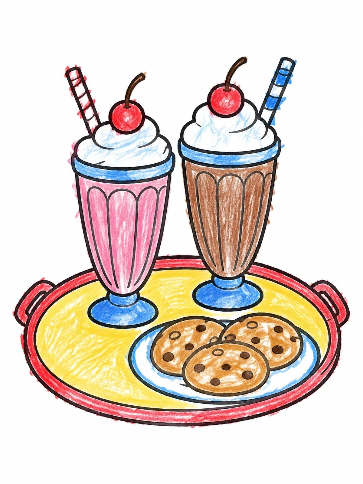 Colored example of the Two Milkshakes And Cookies On A Tray coloring page