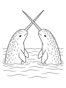 A narwhal coloring page showing two narwhals crossing their long spiraled tusks above the ocean water.